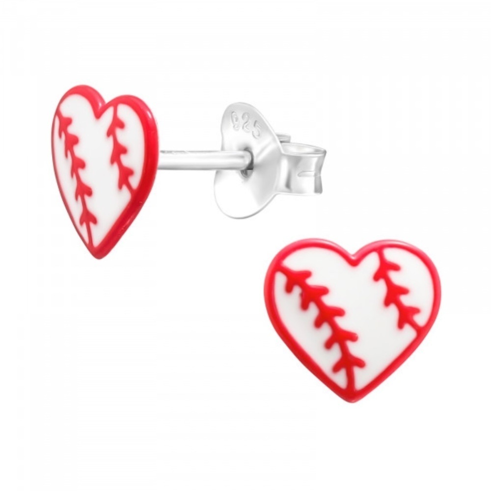 Sterling Silver Baseball Heart Stud Earrings with Epoxy – 7 mm x 6.5 mm